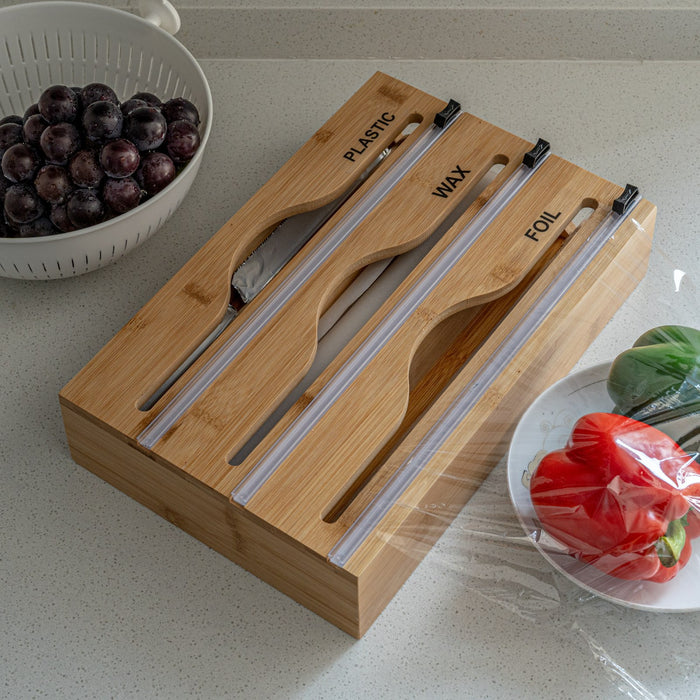 Simple wall-mounted bamboo and wood cling film cutter kitchen