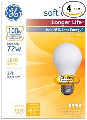 GE Lighting 70284 72W Soft White Long Life Halogen Bulb 4 Pack