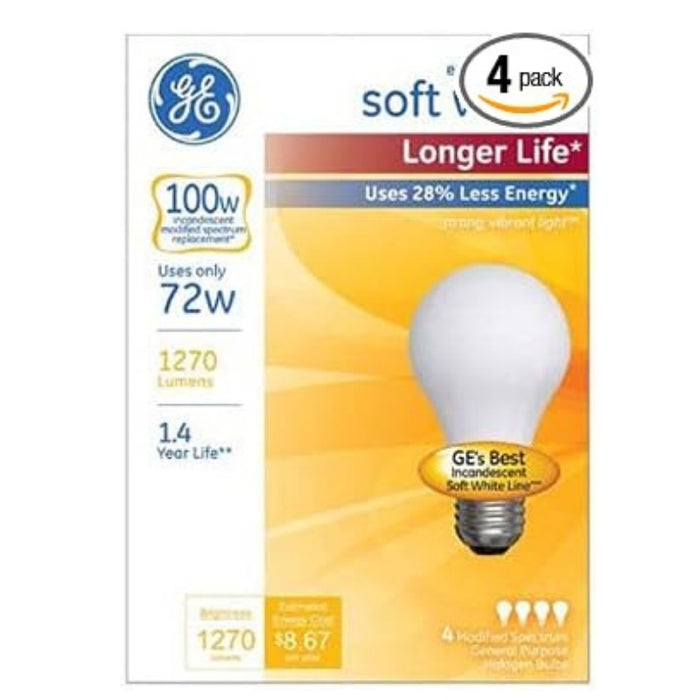 GE Lighting 70284 72W Soft White Long Life Halogen Bulb 4 Pack